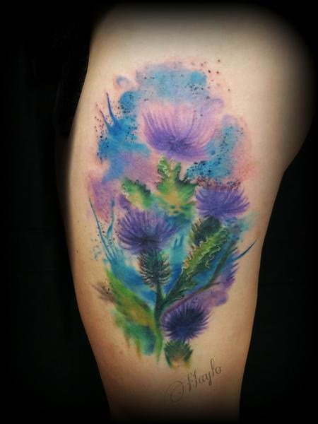 Tattoos - Watercolor style thistle thigh piece - 115137